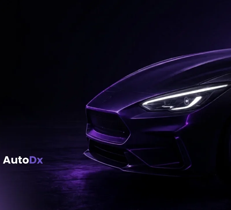 Diseño UX/UI de AutoDX: vehículo e icono de app sobre fondo oscuro