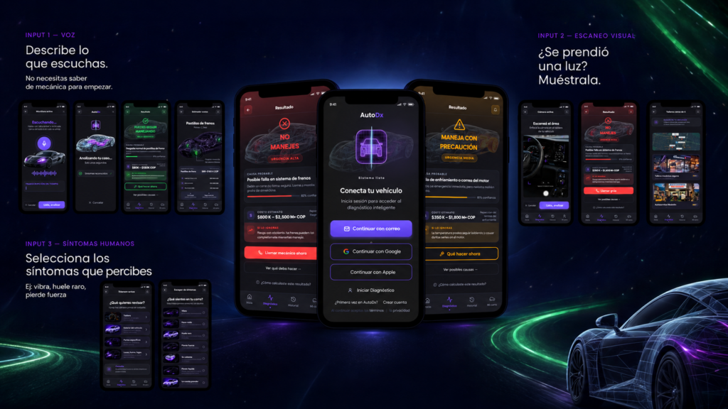 Diseño UX/UI de la app AutoDX con diagnóstico automotriz por voz, escaneo visual y síntomas