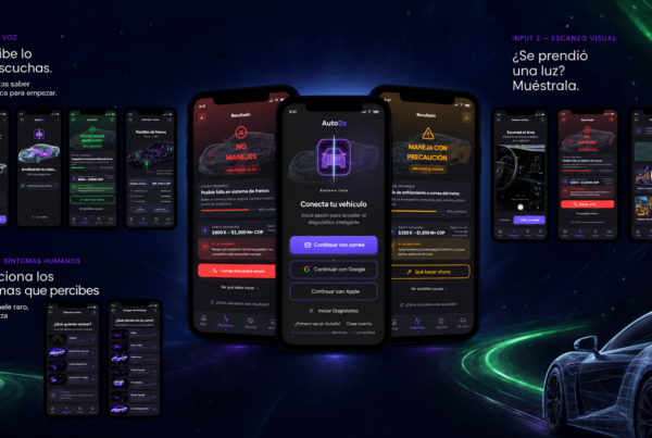 Diseño UX/UI de la app AutoDX con diagnóstico automotriz por voz, escaneo visual y síntomas