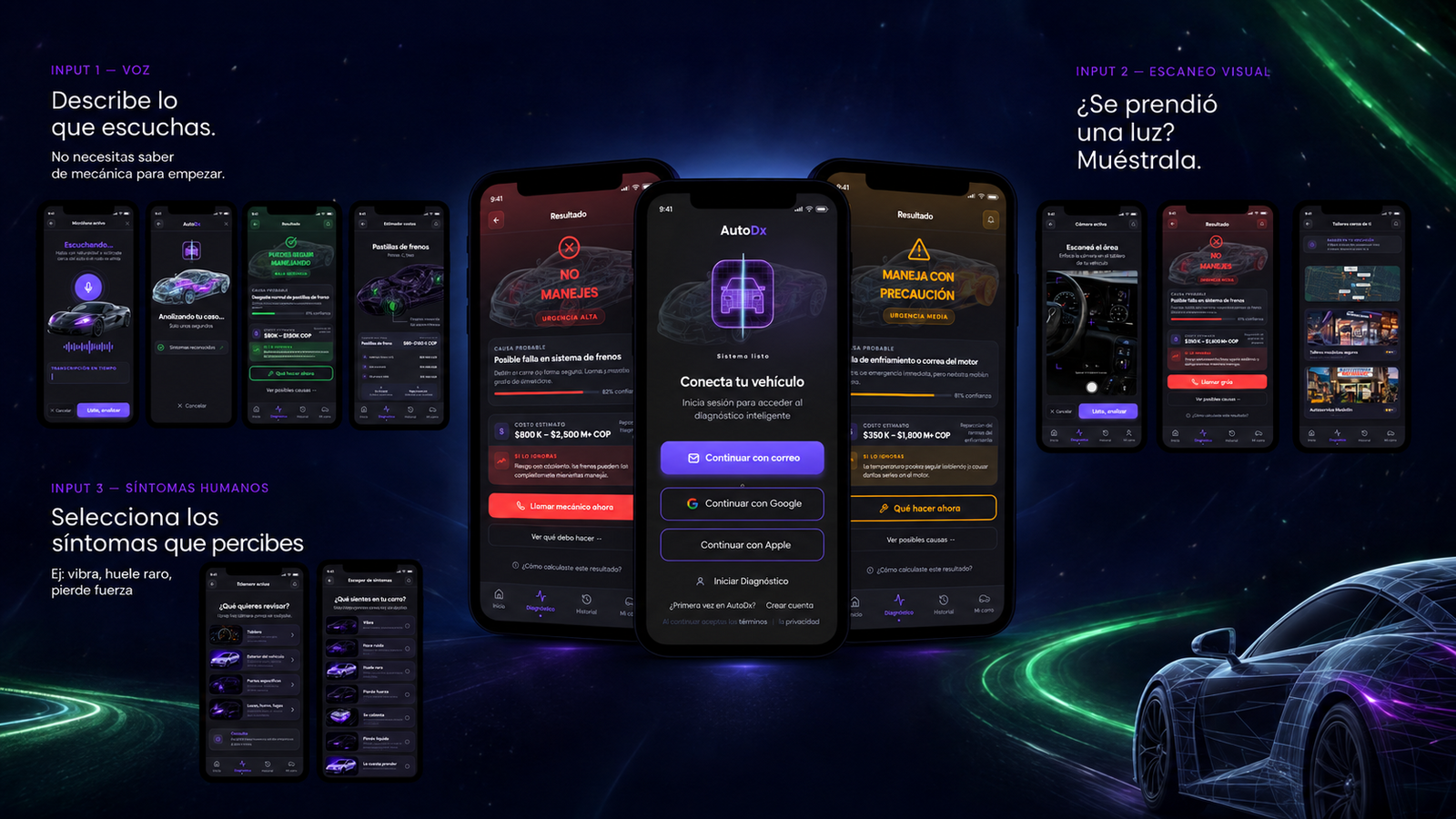 Diseño UX/UI de la app AutoDX con diagnóstico automotriz por voz, escaneo visual y síntomas